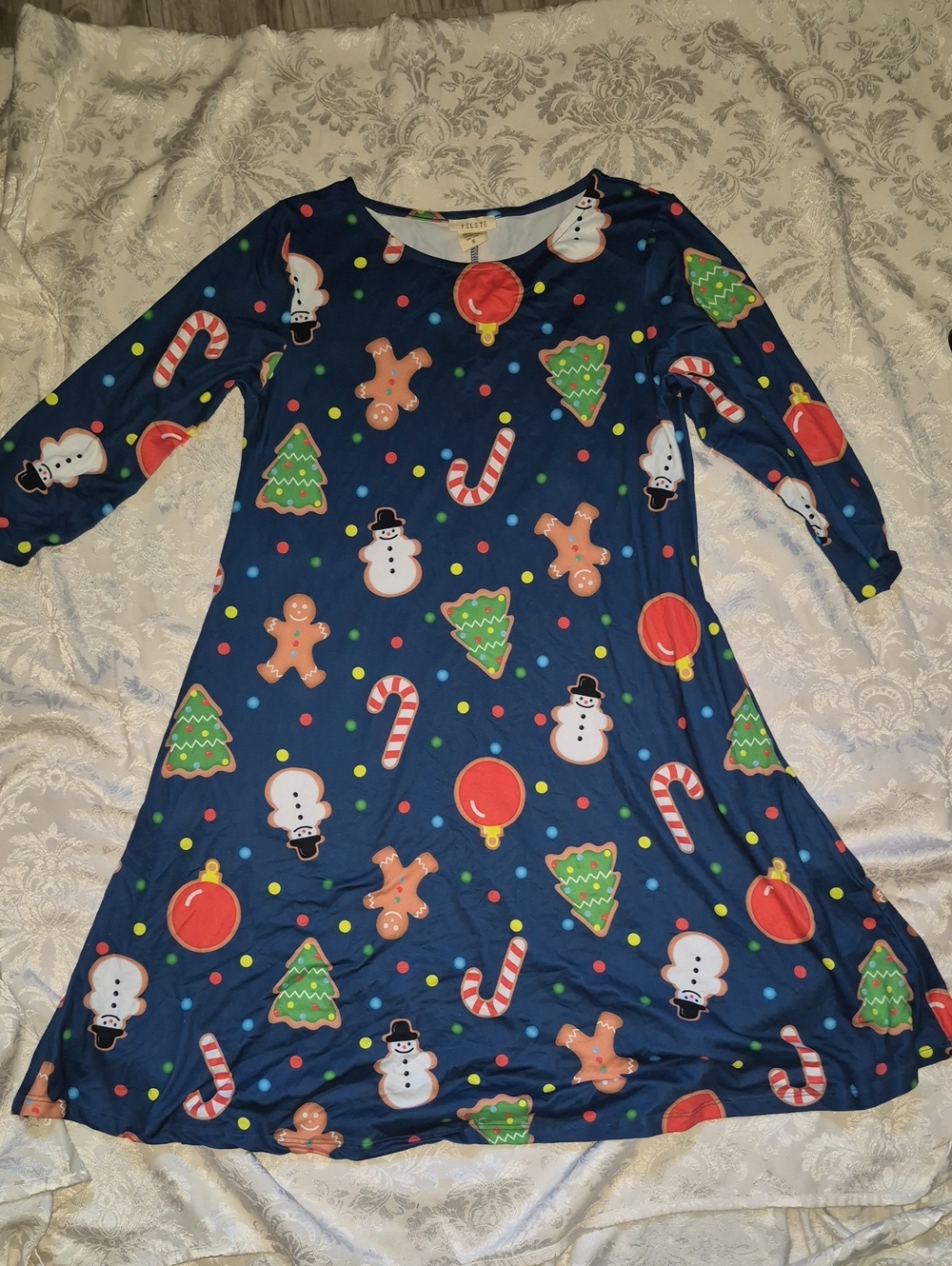 Girls' Navy Christmas Pajama Dress with Gingerbread & Snowman Print